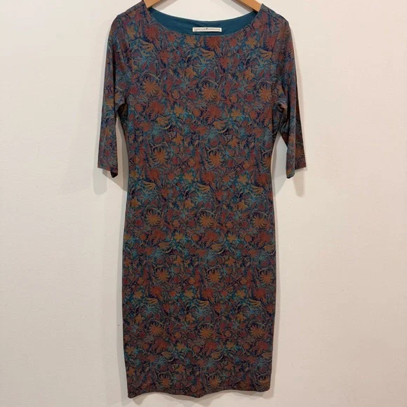 Peruvian Connection Pima Cotton Boat Neckline Neutral Floral Midi Dress Size M - Picture 2 of 10